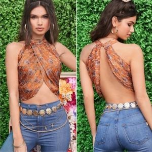 Shein Backless Draped Top M Orange Floral